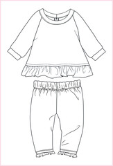 Baby girl t shirt pants garment flat sketch