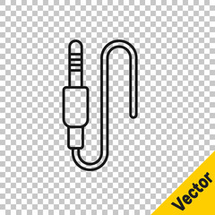Black line Audio jack icon isolated on transparent background. Audio cable for connection sound equipment. Plug wire. Musical instrument. Vector.