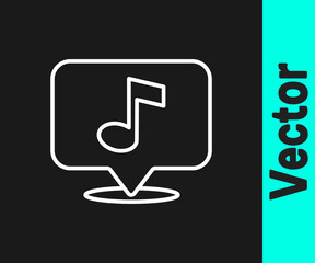 White line Musical note in speech bubble icon isolated on black background. Music and sound concept. Vector.