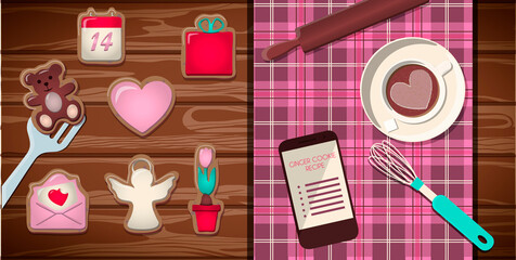Top view of a wooden table with Valentine s Day cookies. Romantic picture in pink, turquoise and red. Pastries and sweets in the form of hearts and gifts for the holiday of all lovers. Vector