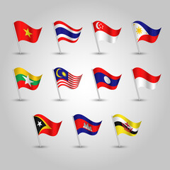 vector set of waving flags southeast asia on silver pole - icon of states brunei, cambodia, east timor, indonesia, laos, malaysia, myanmar, philippines, singapore, thailand, vietnam
