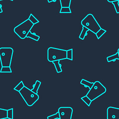 Green line Hair dryer icon isolated seamless pattern on blue background. Hairdryer sign. Hair drying symbol. Blowing hot air. Vector.