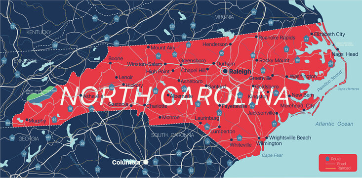 North Carolina state detailed editable map with cities and towns, geographic sites, roads, railways, interstates and U.S. highways. Vector EPS-10 file, trending color scheme