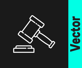 White line Judge gavel icon isolated on black background. Gavel for adjudication of sentences and bills, court, justice. Auction hammer. Vector.
