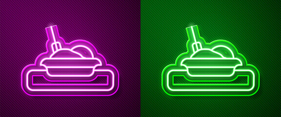 Glowing neon line Plate, fork and knife icon isolated on purple and green background. Cutlery symbol. Restaurant sign. Vector.