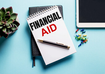 On a light blue background, there is a potted plant, a tablet and a weekly with the text FINANCIAL AID
