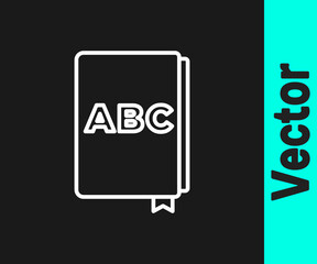 White line ABC book icon isolated on black background. Dictionary book sign. Alphabet book icon. Vector.