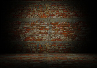 Old and bumpy concrete bricks on back wall and floor with vignett effect 3d rendering