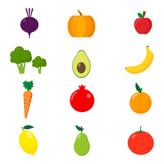 Set of flat fruits and vegetables icon isolated on white background.