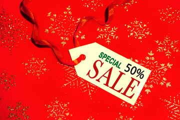 Naklejka na ściany i meble The label is a special sale, with a 50 percent discount for shop windows, shopping malls and advertising backgrounds, during the Christmas and New Year holidays.