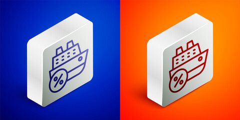 Isometric line Cruise ship icon isolated on blue and orange background. Travel tourism nautical transport. Voyage passenger ship, cruise liner. Worldwide cruise. Silver square button. Vector.