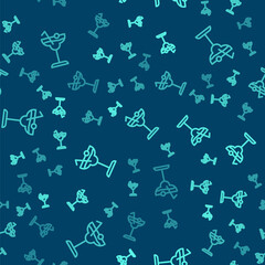 Green line Cocktail and alcohol drink icon isolated seamless pattern on blue background. Vector.