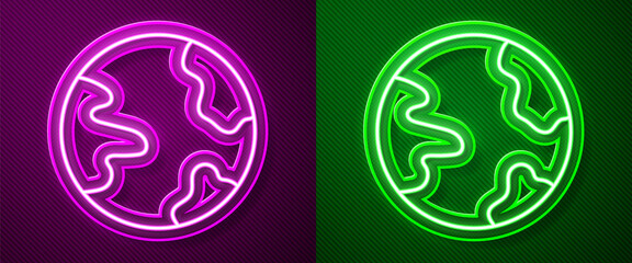 Glowing neon line Worldwide icon isolated on purple and green background. Pin on globe. Vector.