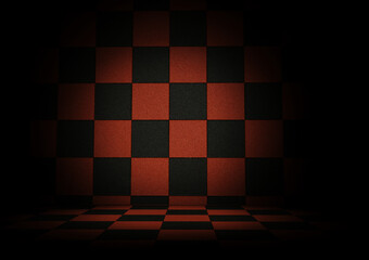 Checkered wall and floor with red and black colors background image front view 3d rendering