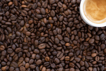 Flat lay with copy space, (selective focus) A white espresso cup with some creamy coffee is placed on some blurred roasted coffee beans.