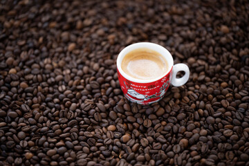 Flat lay with copy space, (selective focus) A Christmas cup with some creamy coffee is placed on some roasted coffee beans.