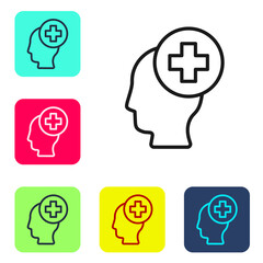 Black line Male head with hospital icon isolated on white background. Head with mental health, healthcare and medical sign. Set icons in color square buttons. Vector.