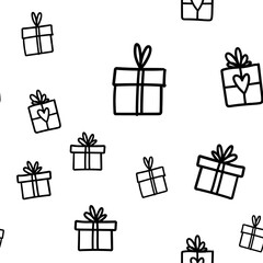 Gift box doodle seamless pattern. Present with ribbons texture drawings. Texture of holiday season presents. Christmas background.