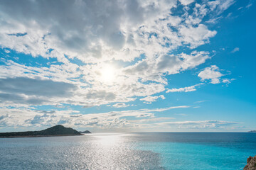 Fototapeta na wymiar Sea Panorama. Beautiful blue sky and white clouds. Bright colors