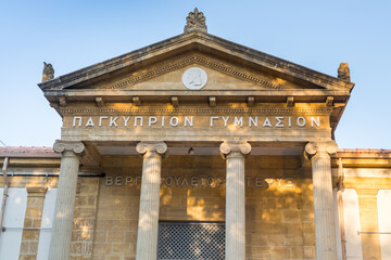  Pancyprian Gymnasium school front facade and entrance with Greek style building