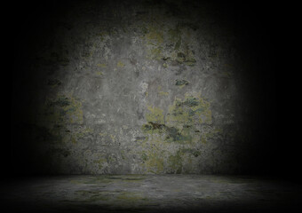 Peeled plaster paint on aged wall and floor in faded light room  front view 3d rendering