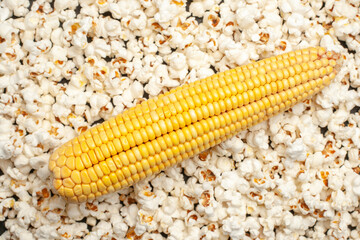 top view fresh yellow corns with popcorn on dark background food photo snack raw