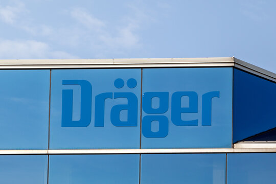 Mississauga, Ontario, Canada- August 25, 2018: Sign of Drager on the building of Drager Canada in Mississauga, an international leader in the fields of medical and safety technology.