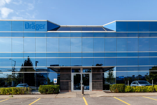 Mississauga, Ontario, Canada- August 25, 2018: Sign of Drager on the building of Drager Canada in Mississauga, an international leader in the fields of medical and safety technology.