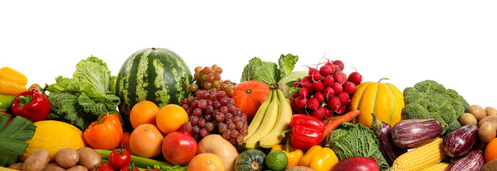 Assortment of fresh organic fruits and vegetables on white background. Banner design