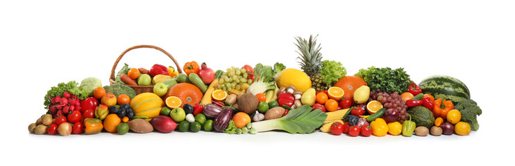 Fototapeta na wymiar Assortment of fresh organic fruits and vegetables on white background. Banner design