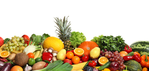 Assortment of fresh organic fruits and vegetables on white background. Banner design