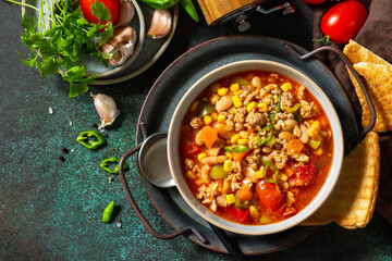 Traditional mexican food. Chili con carne, minced meat with vegetables on dark stone table. Top view flat lay. Copy space.