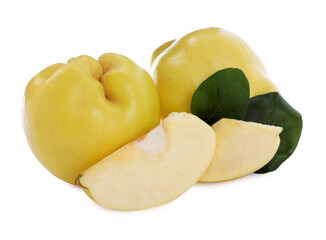 Ripe fresh quinces with green leaves on white background