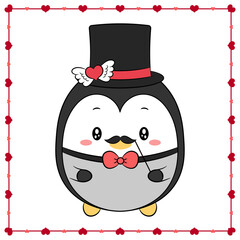 happy valentines day cute penguin drawing with hearts