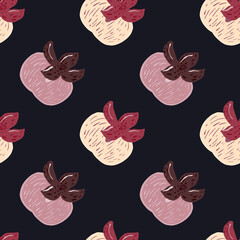 Contrast food seamless pattern with purple and yyellow pastel persimmons. Black background.