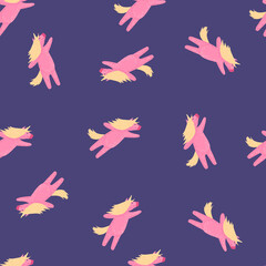 Random abstract seamless pattern with magic unicorn pink shapes. Purple background.
