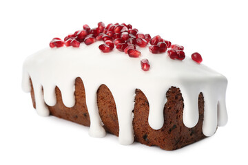 Traditional classic Christmas cake decorated with pomegranate seeds isolated on white