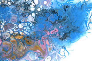 Abstract flow acrylic and watercolor pour marble blot painting. Color blue wave horizontal texture background.