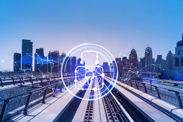 The way towards skyscrapers by modern futuristic train. Tech railway delivers commuters to the...