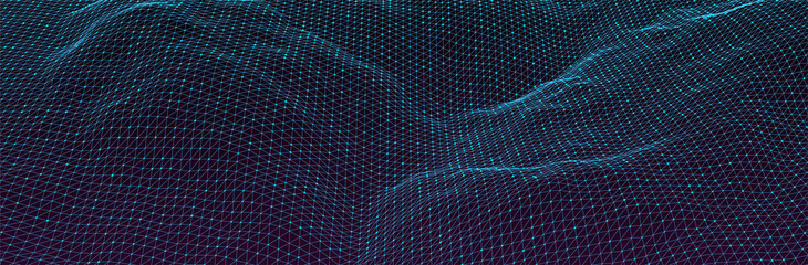 Cyber grid background. Wireframe triangle surface. 3d computer render. Thin line sci-fi landscape. Vector backdrop