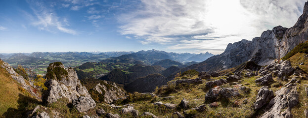 Panorama view of Heubergkopf mountain, Toni Lenz hut, Untersberg moutain, Bavaria, Germany