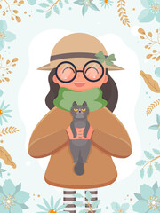 A cute girl in a hat and glasses holds a cat in her hands. Suitable for the design of postcards and books. Vector