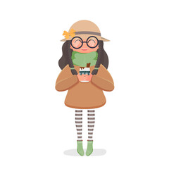A cute girl in a hat and glasses holds a cup with a hot drink. Suitable for the design of postcards and books. Isolated. Vector illustration.
