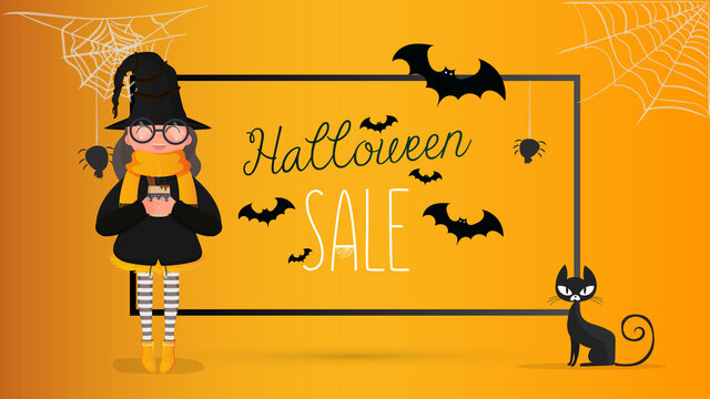 Halloween sale orange banner. Girl in black suit and hat holding a cup with hot drink. Vector.