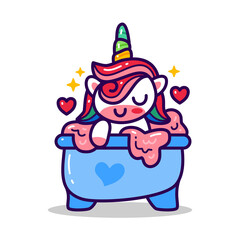 Unicorn in bath tube doodle hand drawing style. animal doodle