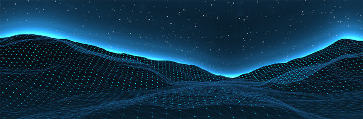 Wireframe landscape. 3d line mountains. Topographic surface. Blue horizon glow. Futuristic vector background