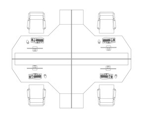 Image of office cubicle and workstation from above in 2D CAD drawing. Drawing in black and white. Employee desks are placed in groups to facilitate work in teams
