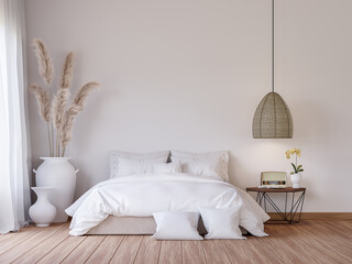 Mininal contemporary style bedroom 3d render,There are wooden floor decorate with white fabric bed set and big white jar with dry reed flower. - obrazy, fototapety, plakaty