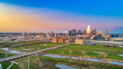 Dallas, Texas, USA Downtown Drone Skyline Aerial Panorama - obrazy, fototapety, plakaty