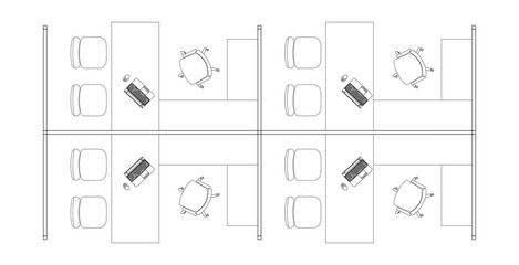 Image of office cubicle and workstation from above in 2D CAD drawing. Drawing in black and white. Employee desks are placed in groups to facilitate work in teams
